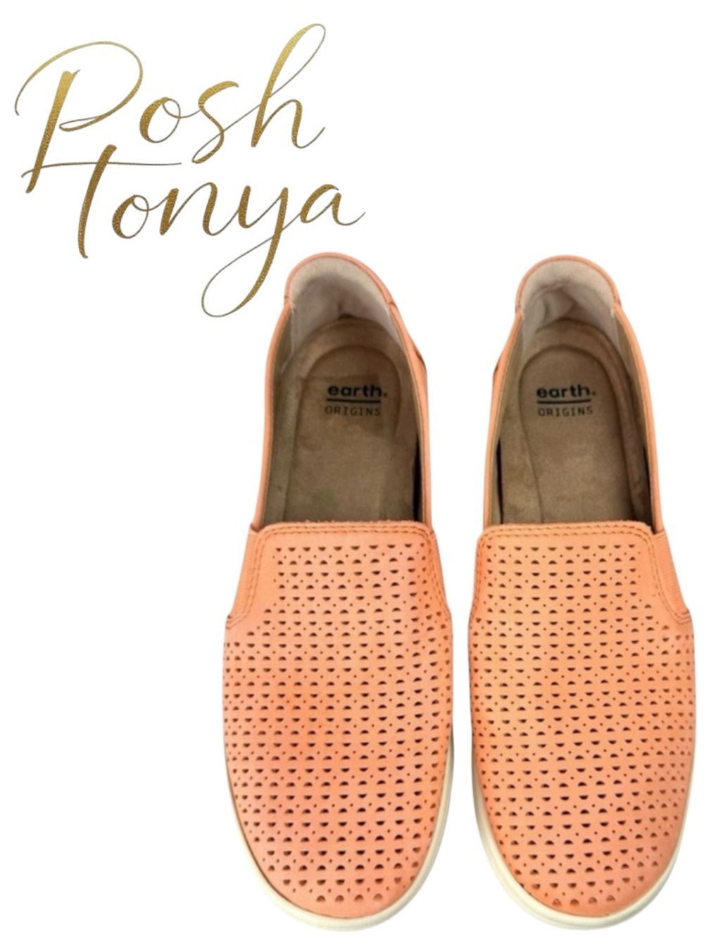 Earth Origins Coral Leather Perforated Slip On Flats Coastal Grandma Comfort 8